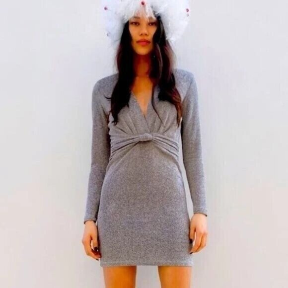 ZARA Dress Silver Metallic XXL Sexy V-Neck Cocktail Long Sleeve - Picture 2 of 12